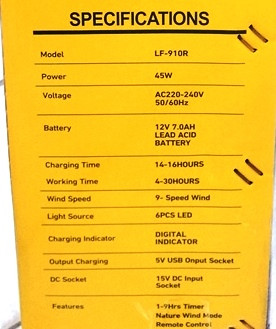 پنکه بزرگ ۱۸ اینچ JEC با باتری شارژی و عملکرد AC/DC