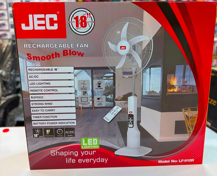 پنکه شارژی ۱۸ اینچ JEC LF-910R با نور LED و کنترل از راه دور