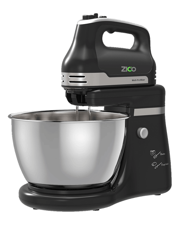 همزن رومیزی زیکو مدل ZC-8839 با کاسه استیل و سری خمیرزن روی پیشخوان آشپزخانه