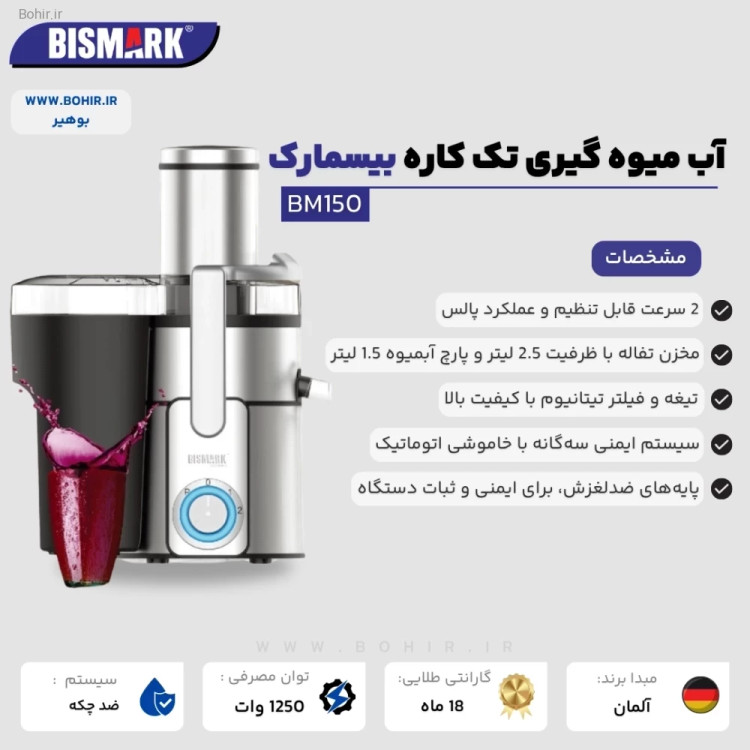 نمای نزدیک دهانه ورودی آبمیوه گیری BM150