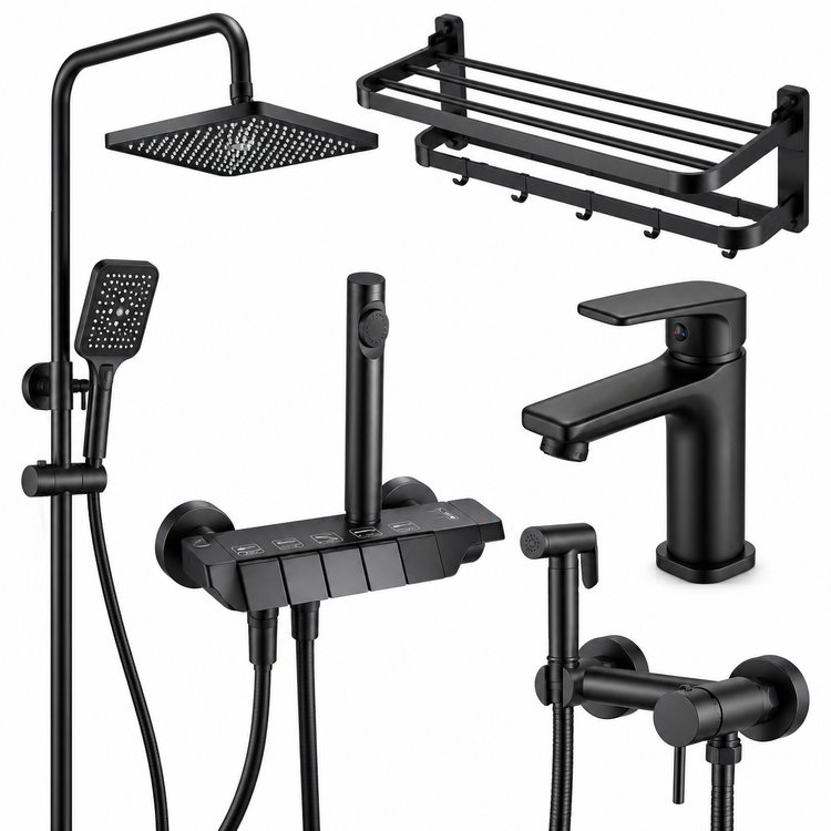 نمای کامل ست شیرآلات حمام و سرویس بهداشتی مدل پیانویی VIP Pack